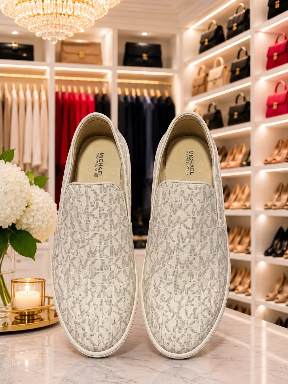 Michael Kors Men's Slip-On Loafers in Light Beige MK Logo